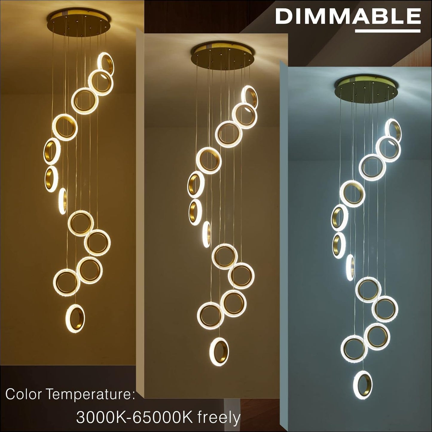 9 Ring Chandelier, Gold Crystal Chandelier, Dimmable Modern Led Chandelier with Remote,Luxy High Ceiling Chandelier for Dining Room, Foyer,Enterway,Big Modern Led Ceiling Light Hanging Pendant Li