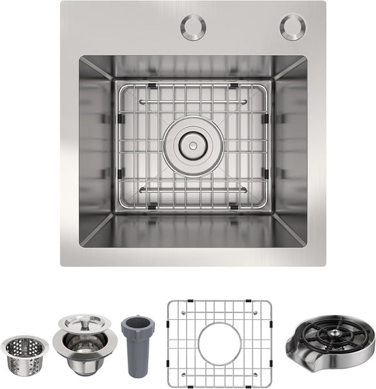 Kitchen Sink Undermount 16 Gauge Stainless Steel Single Bowl + 15''x15'' Kitchen Sinks, Wet Bar Sink Drop in Sink