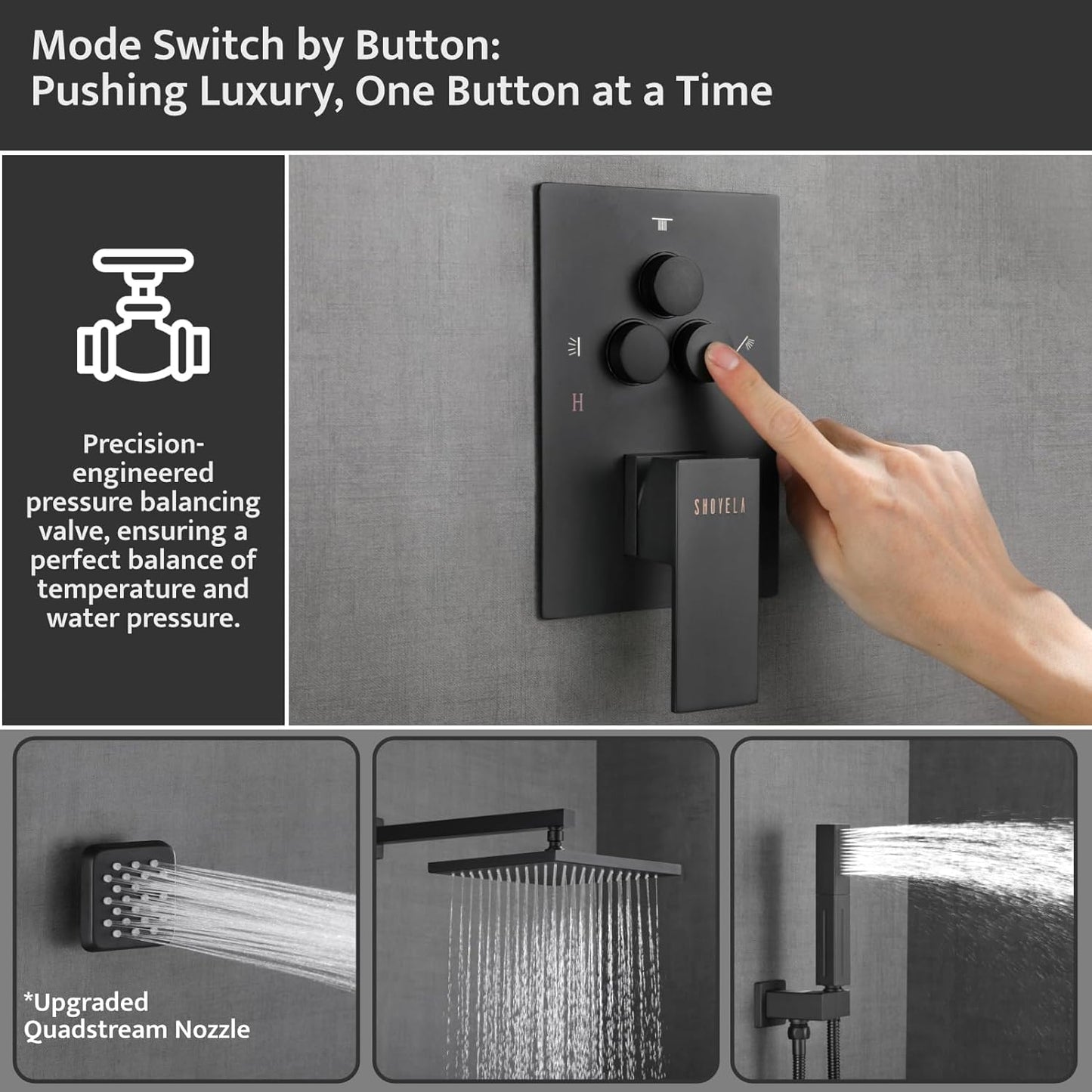 SHOYELA Shower System Matte Black Wall Mount Shower Faucet Set with 4PCS Body Jets, Push Button Diverter Shower Fixtures with 2 in 1 Handheld,10 Inch Shower HeadAll Functions Simultaneous Use