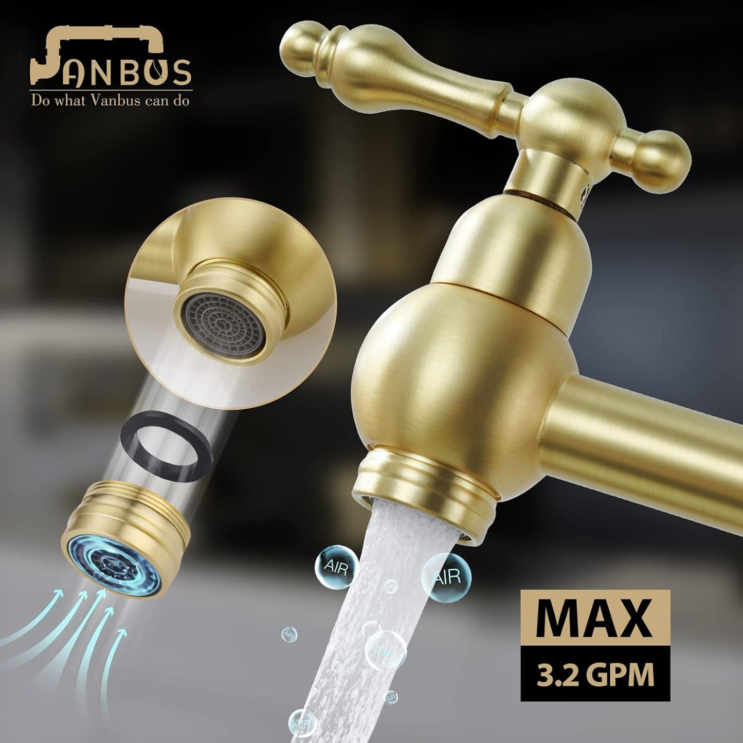 Vanbus Brass Pot Filler Faucet Gold, Dual Valve Wall Mount Pot Filler Faucet, Potfiller, Two Handles Strechable Double Joint Swing Arms