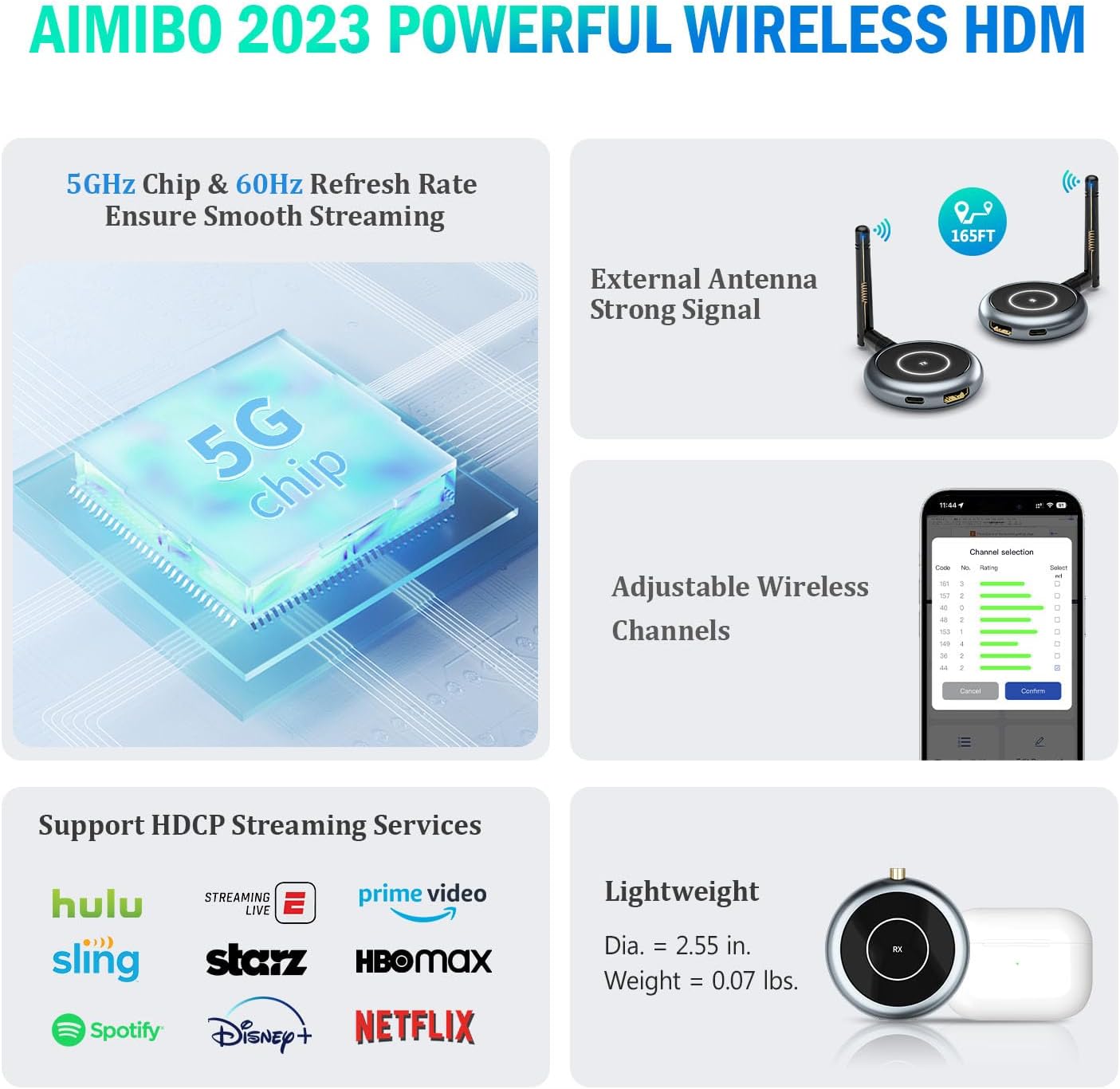  HDMI Wireless Transmitter and Receiver 4K, AIMIBO Wireless HDMI  Extender Live Streaming Video/Audio No Lag for Laptop, PC, Cable Box,  Camera, Blu-ray, DVD, PS5 to Monitor, Projector, HDTV - 165FT/50M 