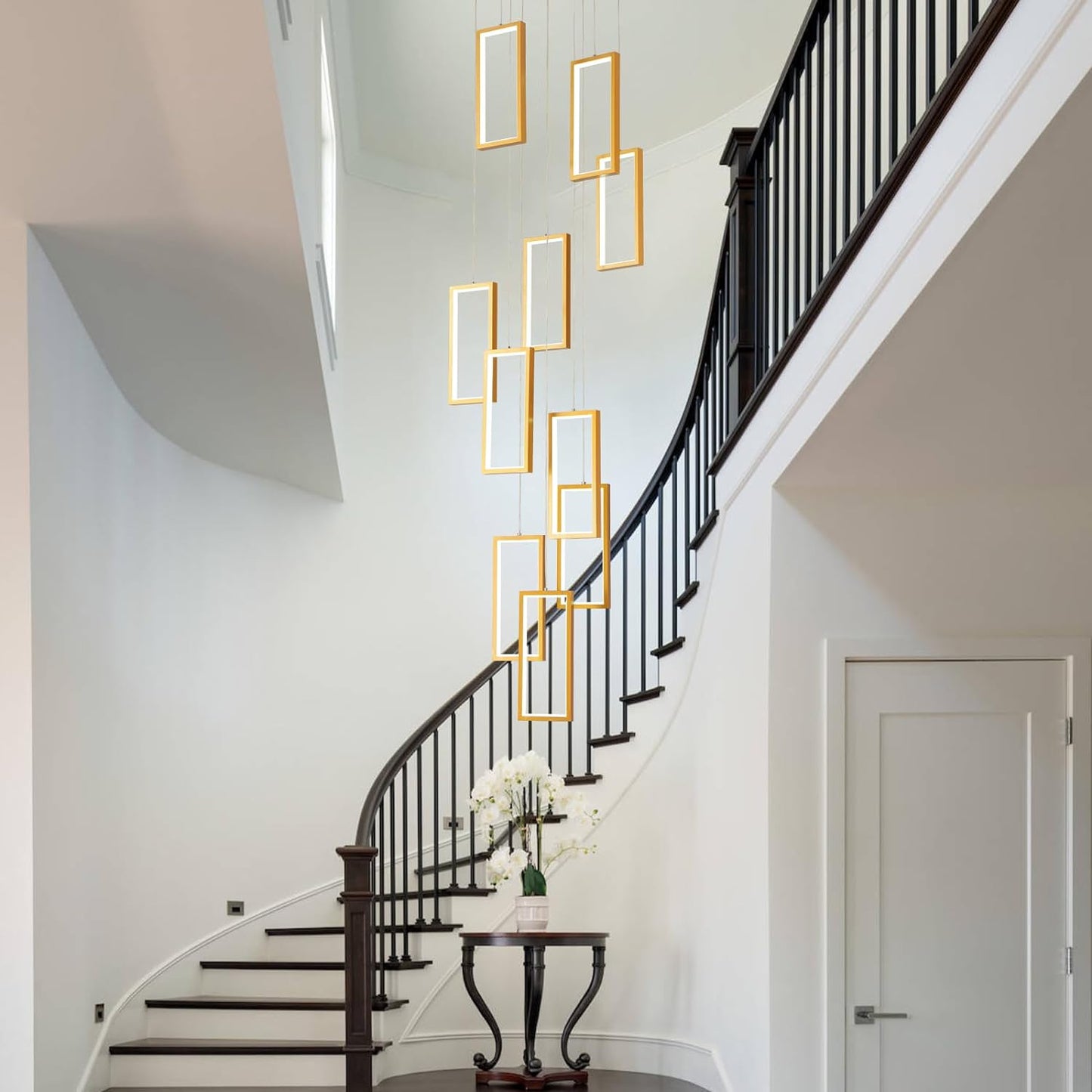 Modern LED Chandelier 10 Rings Rectangle Chandelier Dimmable With Remote Control Gold Pendant Light 120in Adjustable Height Long Staircase Chandeliers Foyer High Ceiling Light Fixture Chandeliers