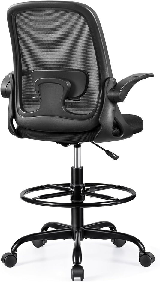 Winrise Drafting Chair Tall Office Chair Ergonomic Desk Chairs with Lumbar Support and Flip-up Armrests, Adjustable Height Comfy Computer Chair with Swivel Task and Adjustable Foot Ring(Black) (