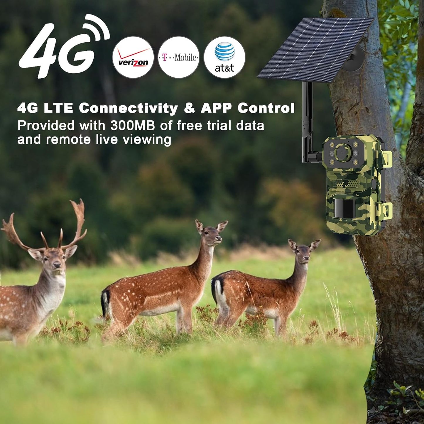4G LTE Cellular Trail Camera 2.7K 14MP Photos,5W Solar Hunting Camera Work with Pre-Installed SIM Card Only,Wildlife Camera with 7800mAh Battery,PIR Motion,Night Vision,IP67,Cloud/Local S