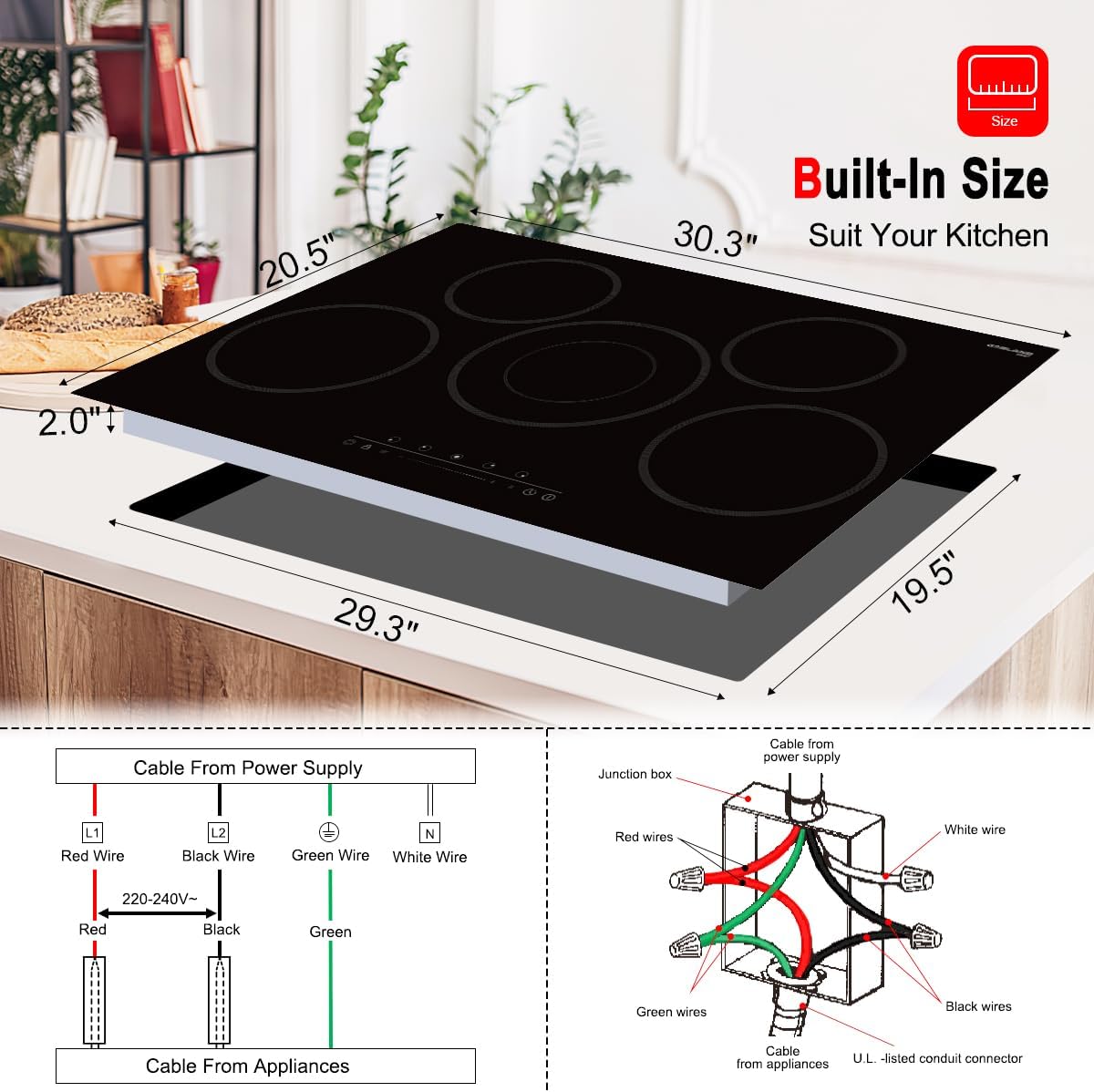 30 Inch Electric Cooktop, GASLAND Chef CH775BF 240V Ceramic Stovetop, Drop-in 5 Cooking Zones Electric Radiant Cooktop with 9 Power Levels, Sensor Touch Control, Child Safety Lock, 1-99 Minute Ti
