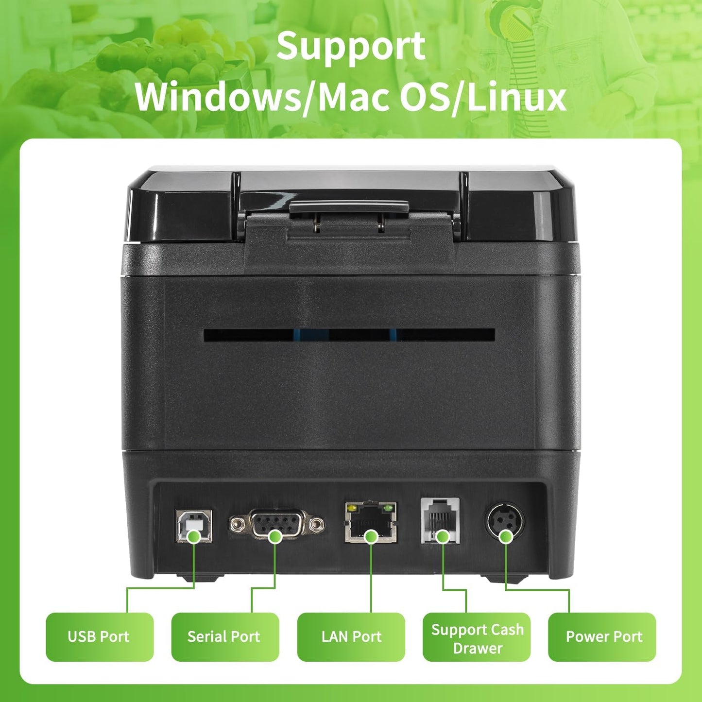 80mm Thermal Receipt Printer, USB POS Printer with Auto Cutter Cash Drawer, USB Serial Ethernet Interface Support Windows/Mac/Linux, Restaurant