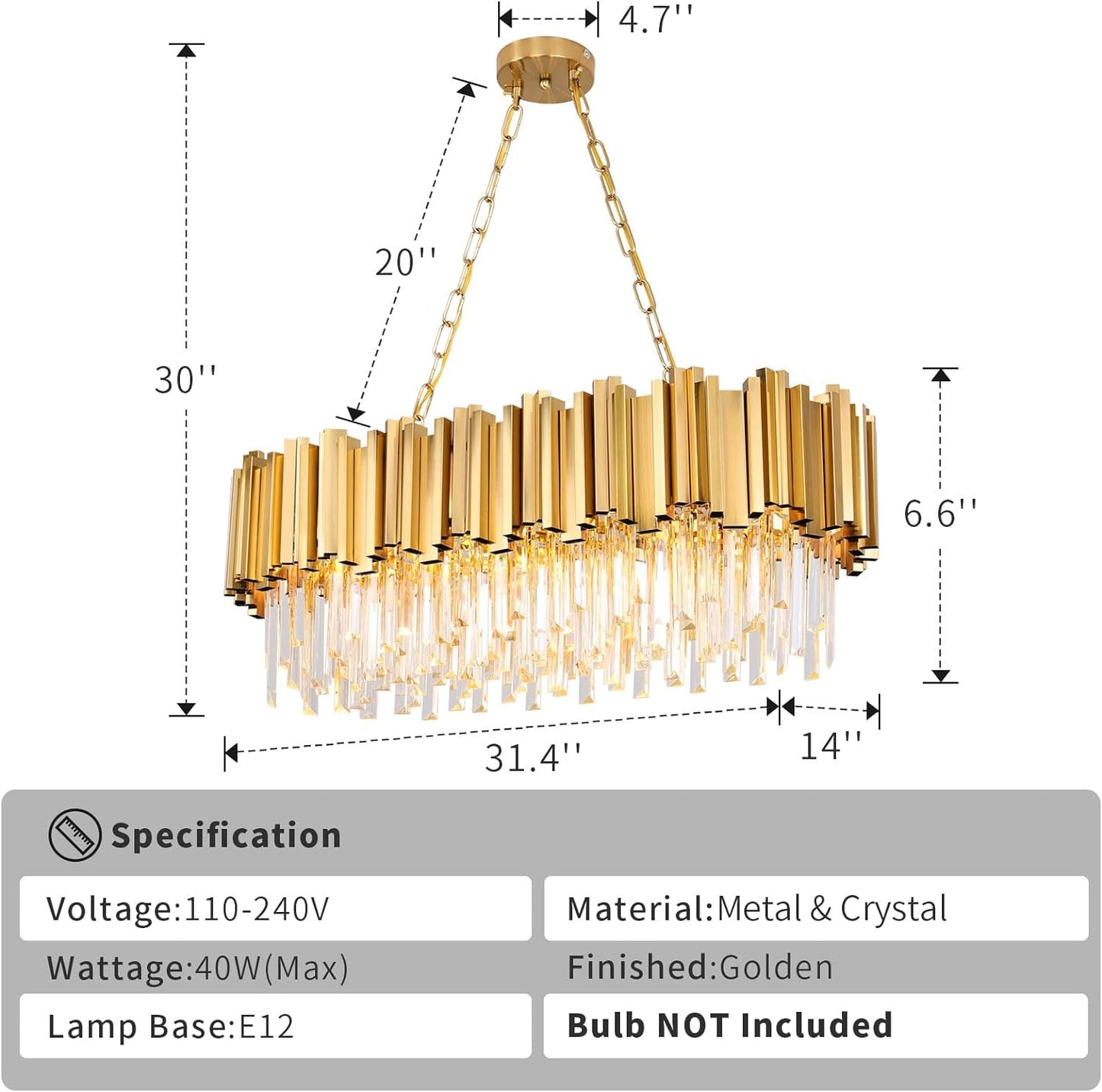 Fitsai Modern Crystal Chandelier Lighting 8 Lights Pendant Lights Fixture Island Chandeliers Ceiling Rectangle Chandelier for Dining Room Living Room Contemporary Kitchen (Gold8)
