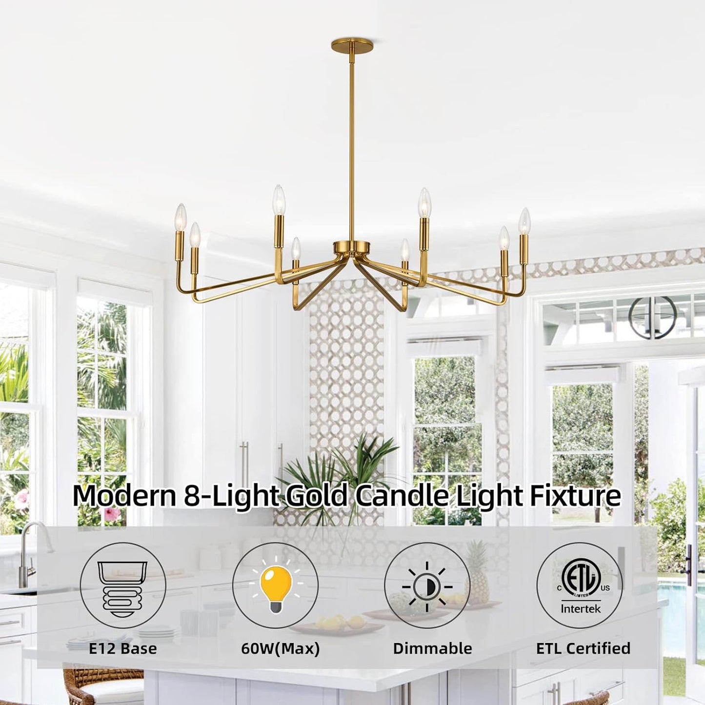 ACANER 38' Gold Chandeliers for Dining Room, 8-Light Modern Farmhouse Chandelier Light Fixture, Brushed Brass Industrial Candle Lighting Hanging