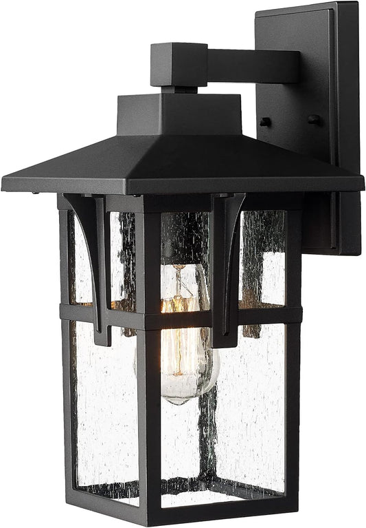 zeyu Farmhouse Outdoor Wall Light, Exterior Wall Sconce Lighting for Front Porch Garage, Die-Cast Aluminum with Seeded Glass, Black Finish, ZX1B BK