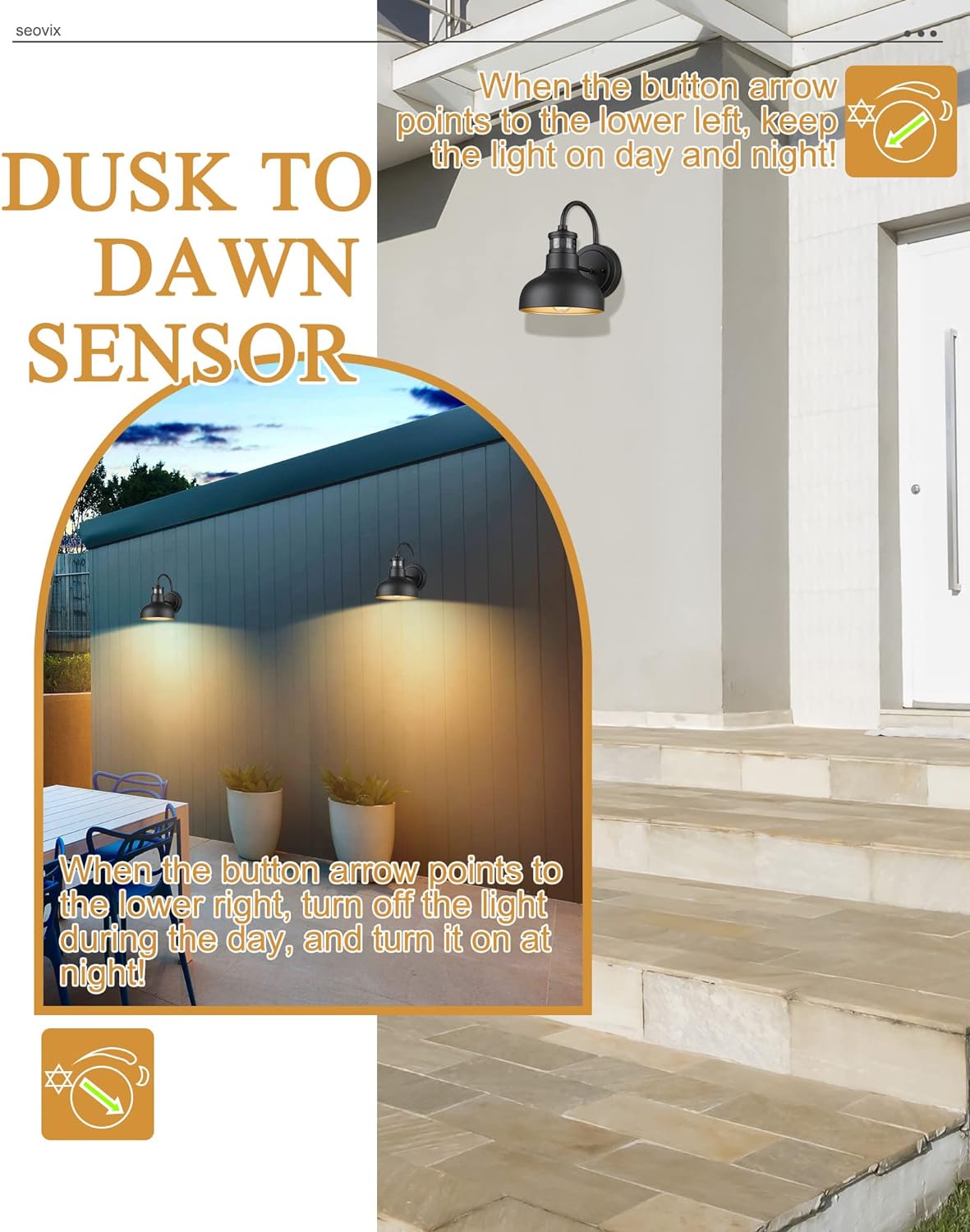 Seovix Motion Sensor Outdoor Wall Light, 2Pack Exterior Wall Sconce Dusk to Dawn E26 Base Socket, IP65 Waterproof Outside Porch Lights for House, Garage, Patio, Barn, Courtyard, Porch, 2210SBK(G)-2