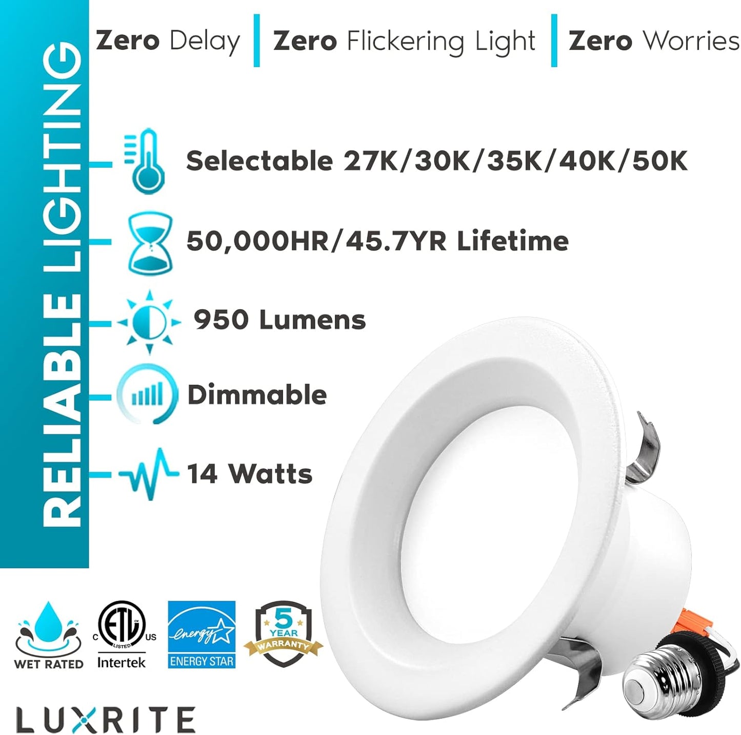 LUXRITE 16-Pack 4 Inch LED Recessed Can Lights, 14W=75W, 5 Color Options 2700K-5000K, 950 Lumens, Dimmable LED Retrofit Kit, Wet Rated, IC Rated, Recessed Ceiling Lights, Energy Star, ETL List