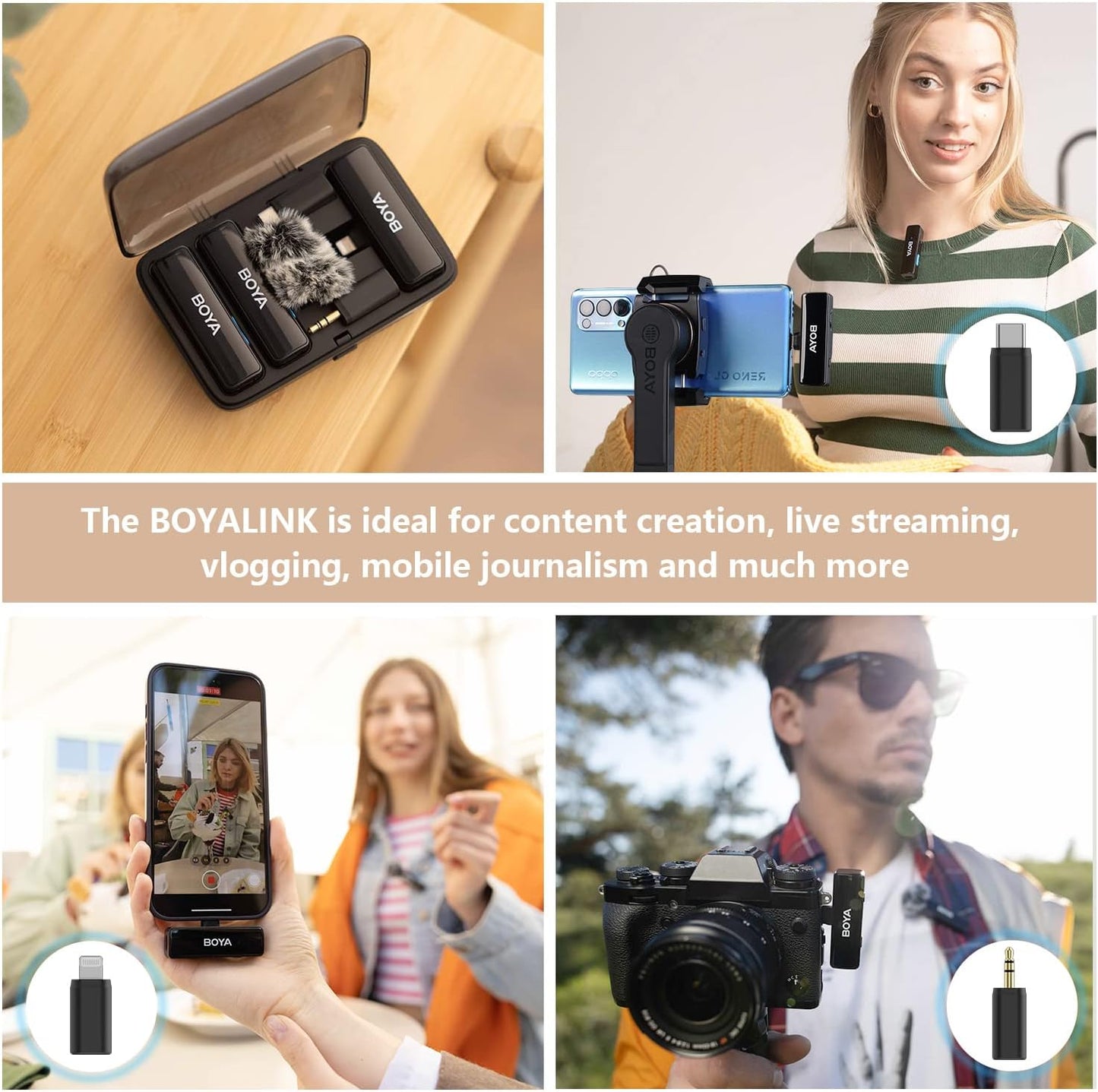 BOYA BOYALINK Wireless Lavalier Microphone for iPhone/Android/Camera Vlogging, All-in-One Lapel Dual Mic System & Lightning & USB-C Inputs & Battery Case for Smartphones/DSLR in YouTube Faceb