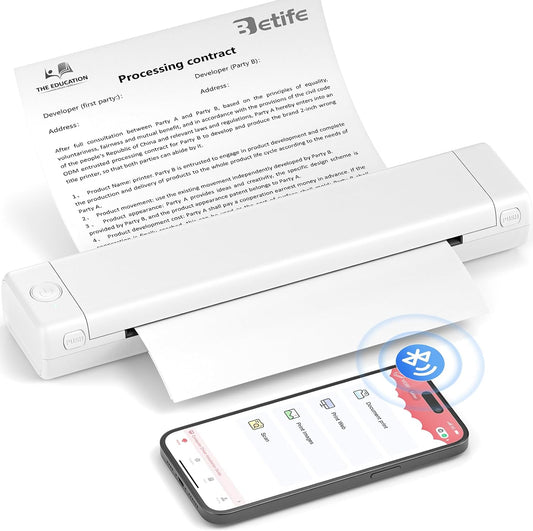 Betife Portable Printers Wireless for Travel M08F Wireless Bluetooth Printer Support 8.5" X 11" US Letter, Inkless Thermal Compact Printer Compatible with Android and iOS Phone & Laptop (White) (W