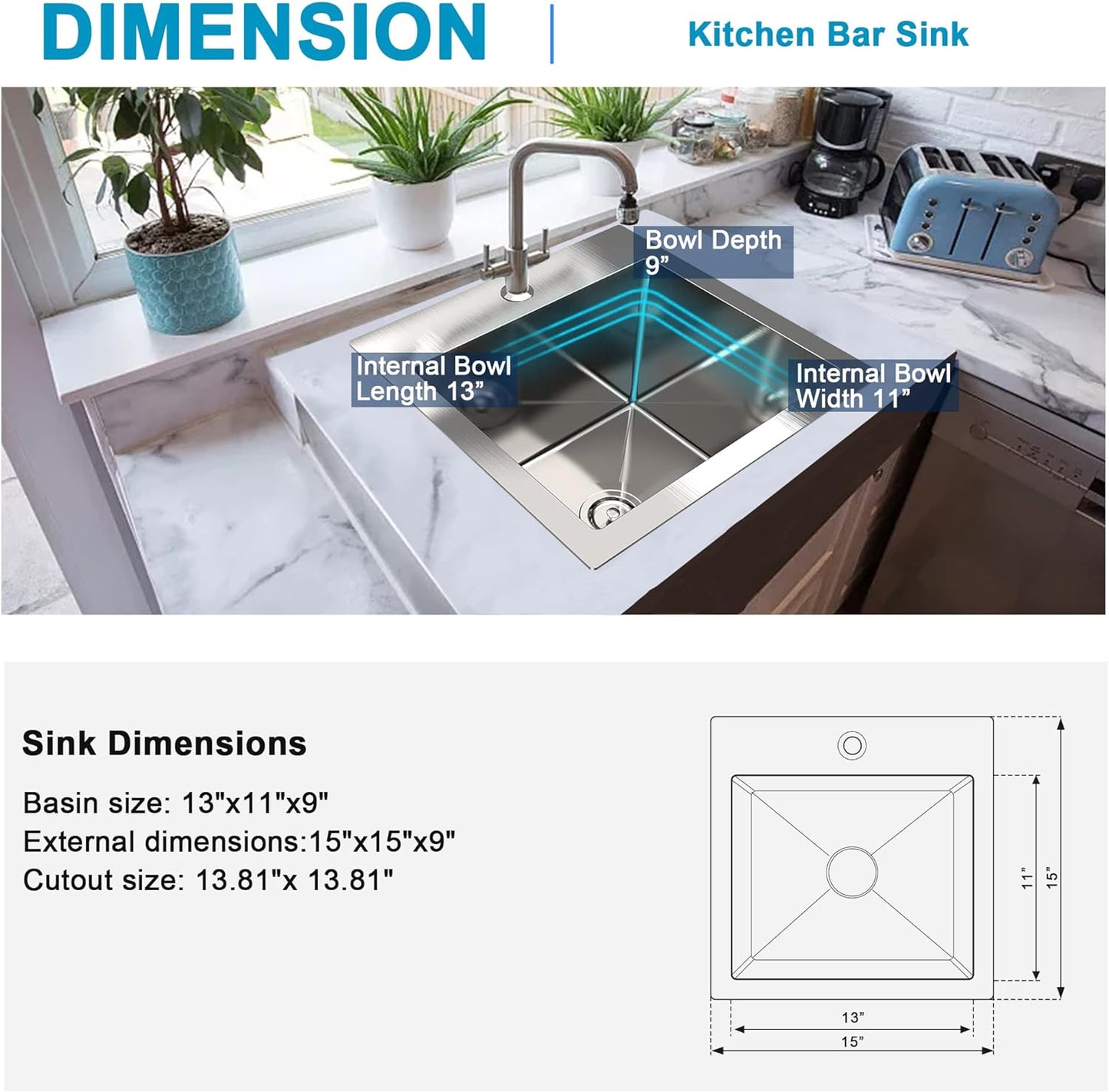 Kitchen Sink Undermount 16 Gauge Stainless Steel Single Bowl + 15''x15'' Kitchen Sinks, Wet Bar Sink Drop in Sink