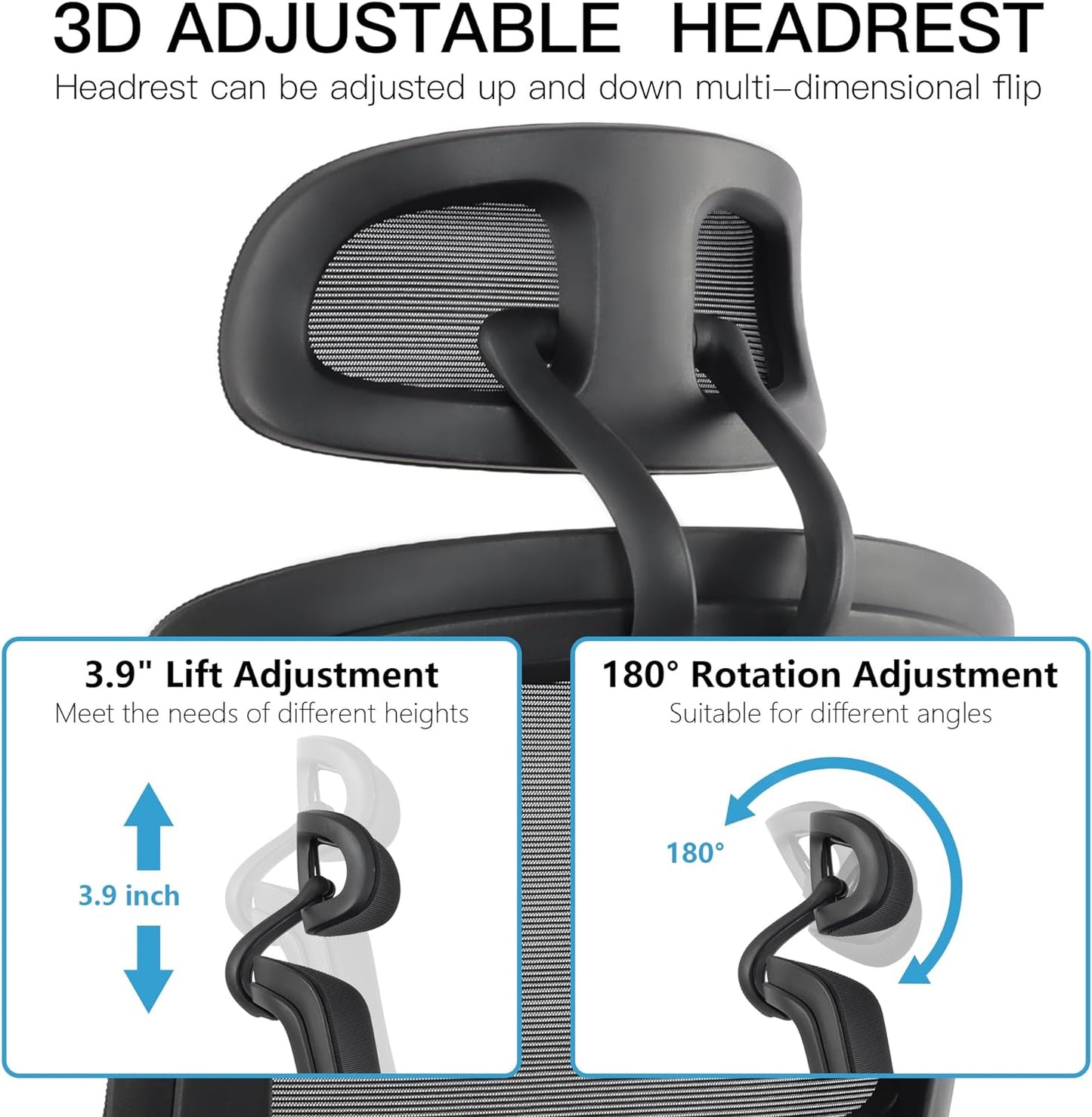 Ergonomic Office Desk Chair, High Back Mesh Chair with 3D Lumbar Support, Comfortable Computer Task Chair with Adjustable Armrest & Headrest, Wide Foam Seat, Swivel Chair for Home,Office & Stud
