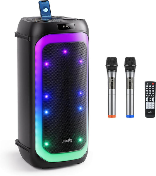 Moukey Karaoke Machine for Adults, Dual 6.5" Woofer Party Speaker with Disco Lights & 2 UHF Wireless Microphones, Portable Bluetooth PA System with Echo Adjustment, Support TWS/AUX/USB/TF/FM, M
