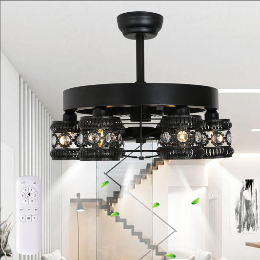 22 Inch Black Ceiling Fans with Lights, Flush Mount Low Profile Ceiling Fan with Remote, 6 Speed Reversible Mute Timed Caged Chandelier Fan, Boho Style