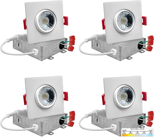 NUWATT 3 Inch Square LED Gimbal Recessed Downlight, 4 Pack, Canless All-in-1 LED Light with 5 CCT Color Switch 2700K - 5000K, 8W, 600 Lumens, 120V, Dimmable, White Square