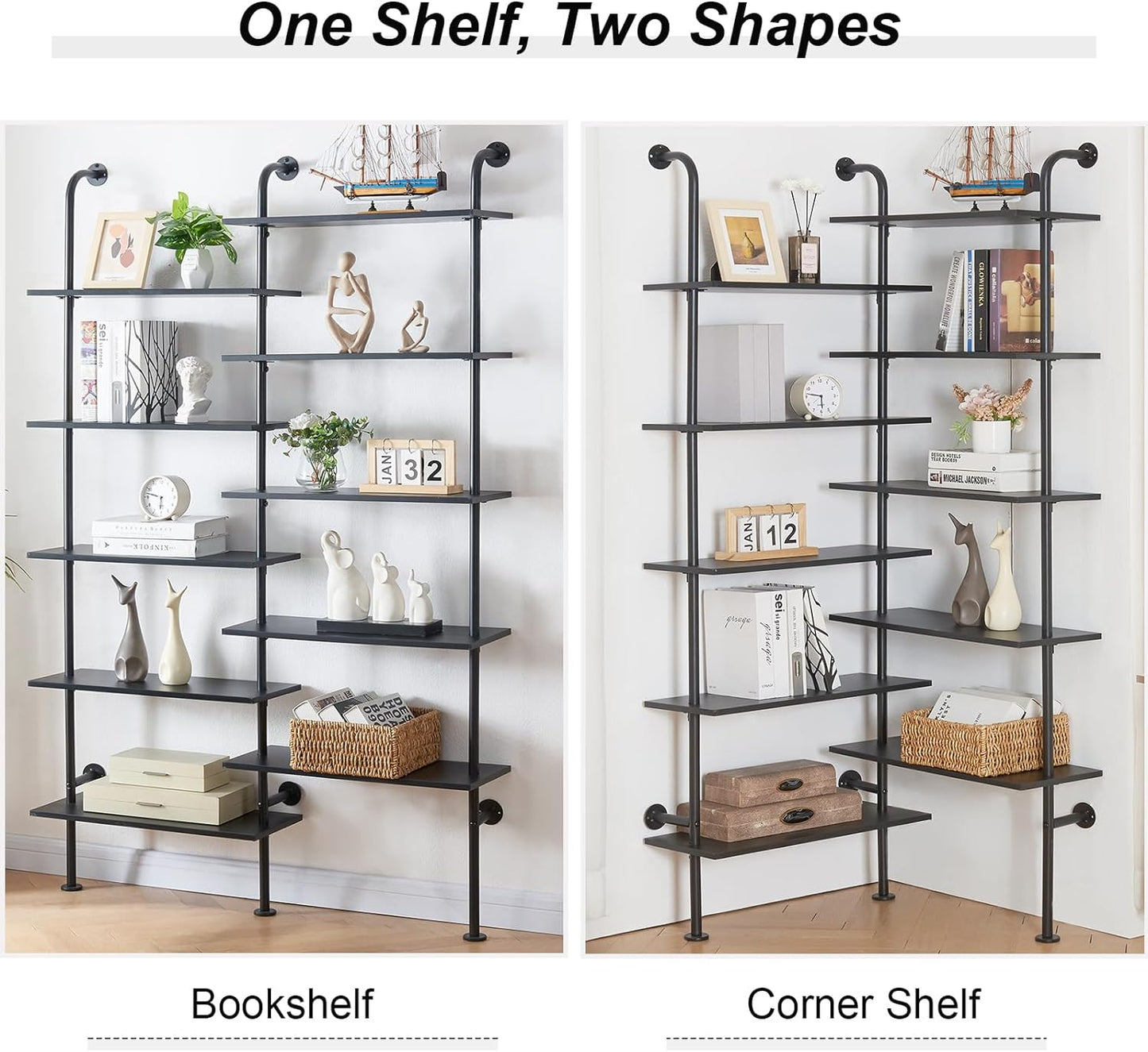 HOMBAZAAR Bookshelf,10-Tier L Shaped, Industrial Double Wide Wall Mount, Modern Bookcase with Metal Frame and Wood, Industrial Corner Pipe Shelf for Living Room and Office, Black (Black)