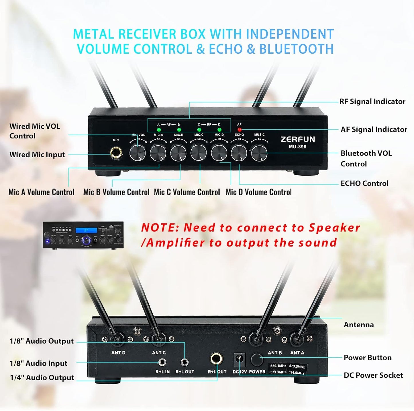 ZERFUN MU-898 Rechargeable Wireless Microphone System 4 Channel, UHF Metal Karaoke Mics Cordless Pro Handheld for Singing Church, Bluetooth Echo Volume Control,4x50 Frequency,1/8,1/4 O