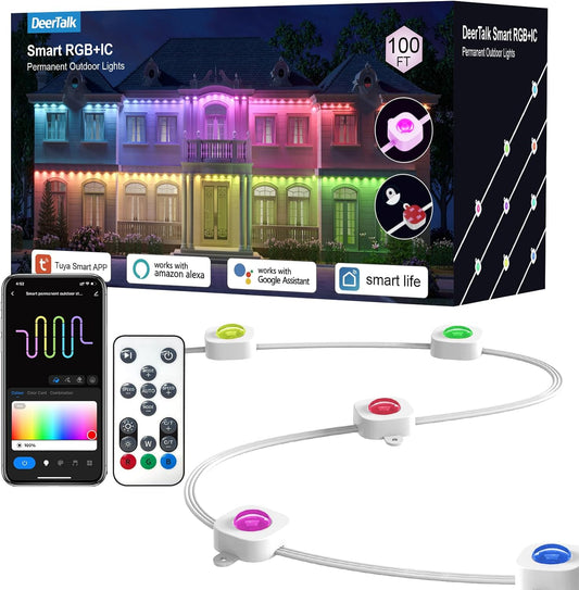DeerTalk Permanent Outdoor Lights for House LED Trim Lights Bluetooth WiFi Smart ICRGB Permanent String Light Year Round Holiday Eaves Lighting Everlights Work with Alexa Google, 72LED 100FT