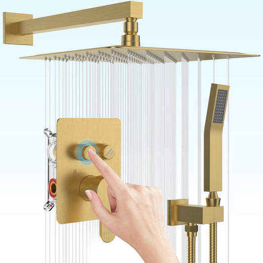 Gold Shower System Bostingner Shower Faucets Sets Complete with 12-Inch Rain Shower Head and Handheld Wall Mounted Push Button Shower Head Set Rough-in Brass Valve and Trim Kit Included (Br