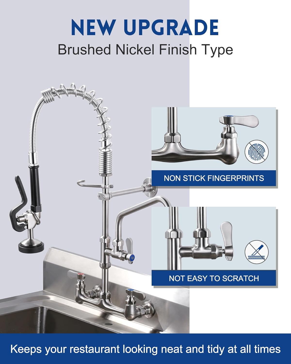 Brushed Nickel Commercial Kitchen Faucet with Pre-Rinse Sprayer 8 Inch Center Wall Mount Kitchen Sink Faucet with 9.6' Add-on Swing Spout 25' Height