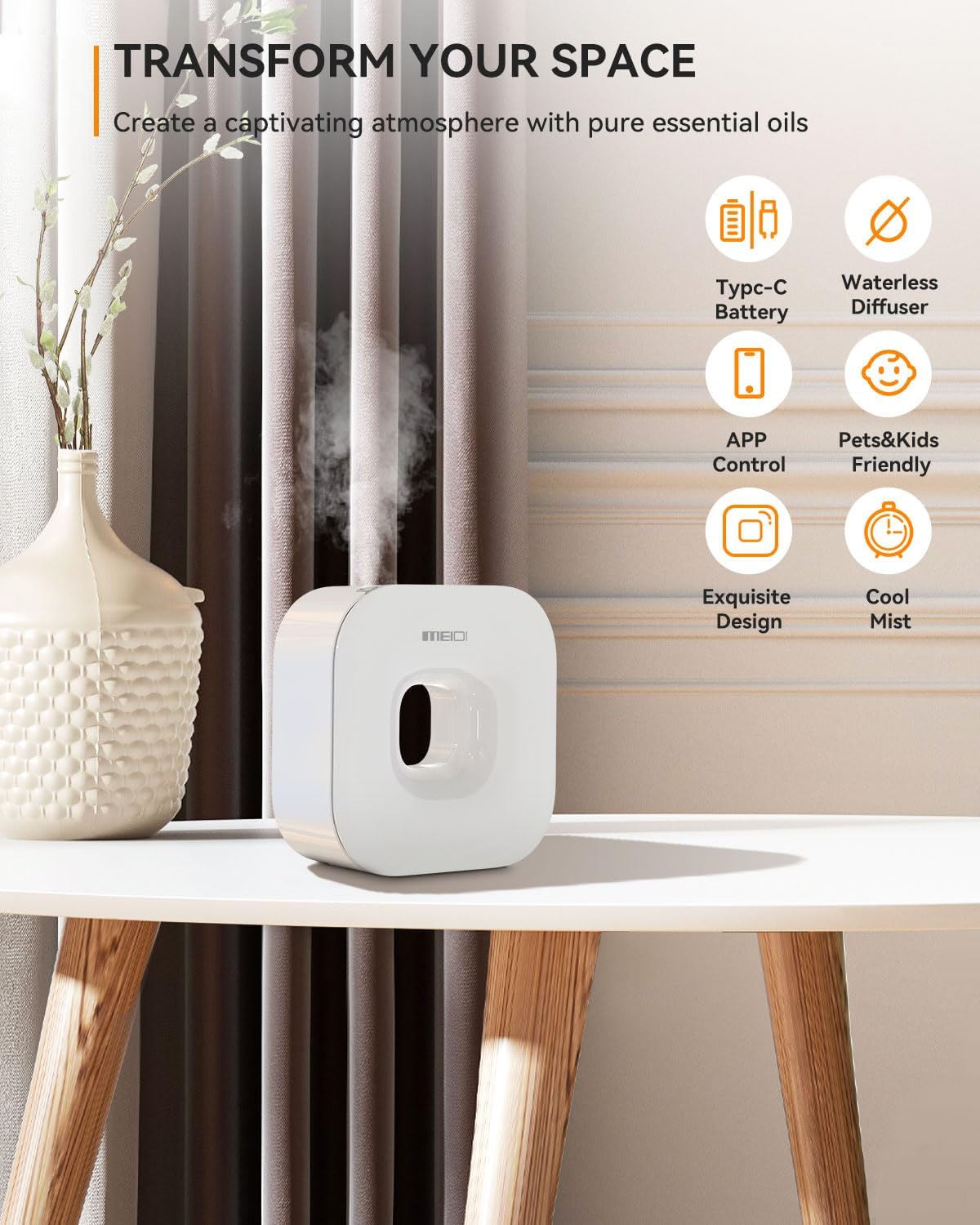 MEIDI Waterless Essential Oil Diffuser - Bluetooth Cordless Aromatherapy Diffuser with App Control, Smart Timer Setting, Hang-up Design and Wide Coverage for Home, Office, Hotel and SPA (White) (W