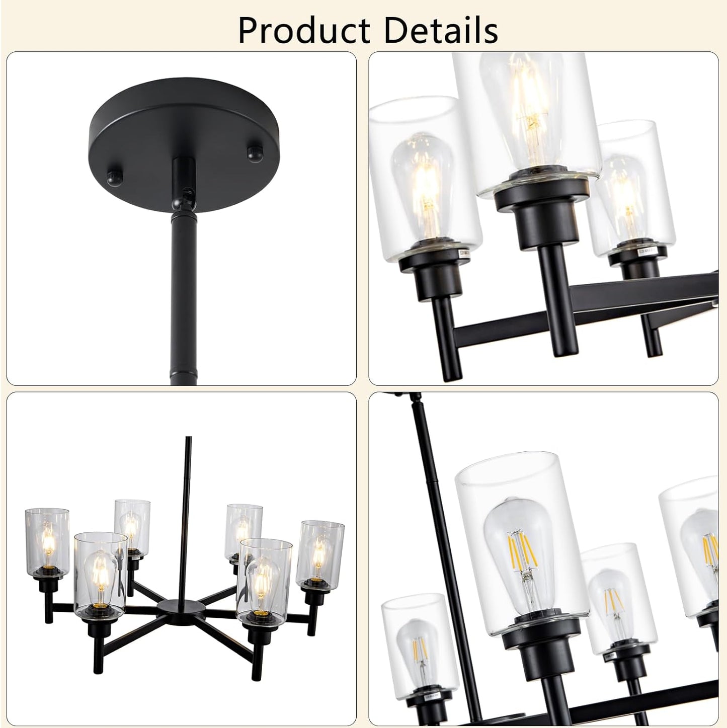 HCCZ 6 Light Farmhouse Chandelier Black Dining Room Light Fixture Over Table Industrial Hanging Pendant Lighting for Living Room Foyer Kitchen Island Adjustable Height E26 Socket with Glass Shad