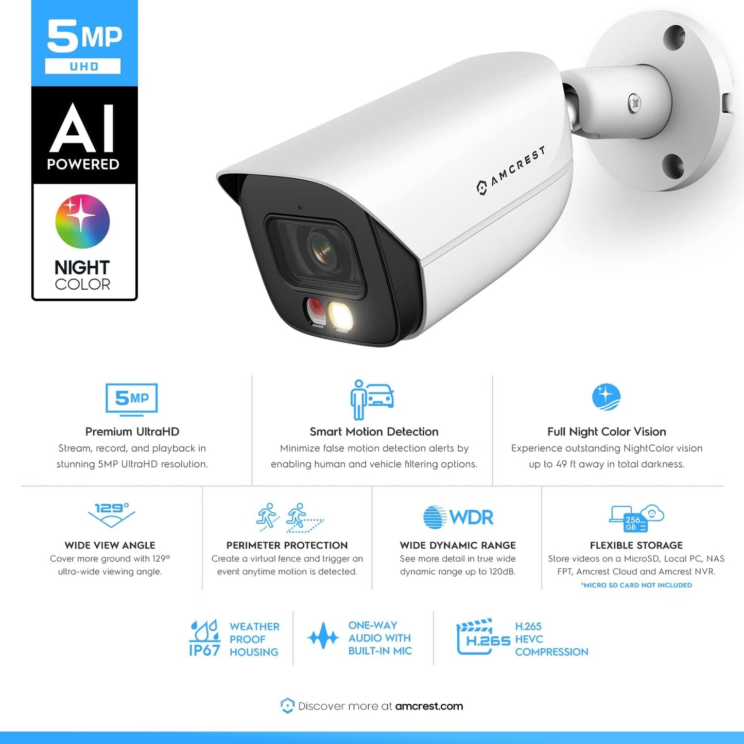Amcrest 5MP Security Camera System, 4K 8CH PoE NVR, (4) x 5-Megapixel Night Color Bullet POE IP Cameras, Active Deterrent, Pre-Installed 2TB Hard Drive, NV4108E-B1276EW4-2TB (White) (White)