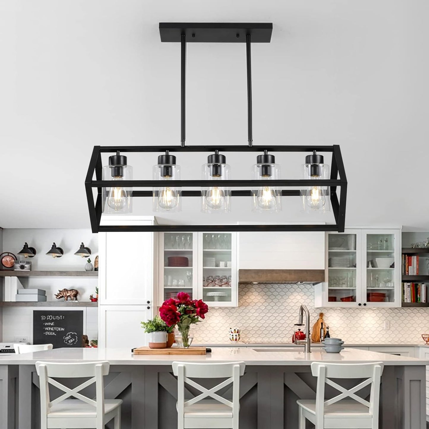 KERHENE 5-Light Rectangle Chandeliers, Farmhouse Chandeliers with 6 Glass Shades, 5-Light Linear Kitchen Island Light for Dining Room