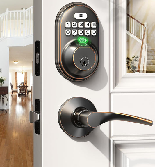 Veise Fingerprint Door Lock with 2 Lever Handles - Keyless Entry Door Lock, Keypad Door Lock with Handle, Electronic Deadbolt F