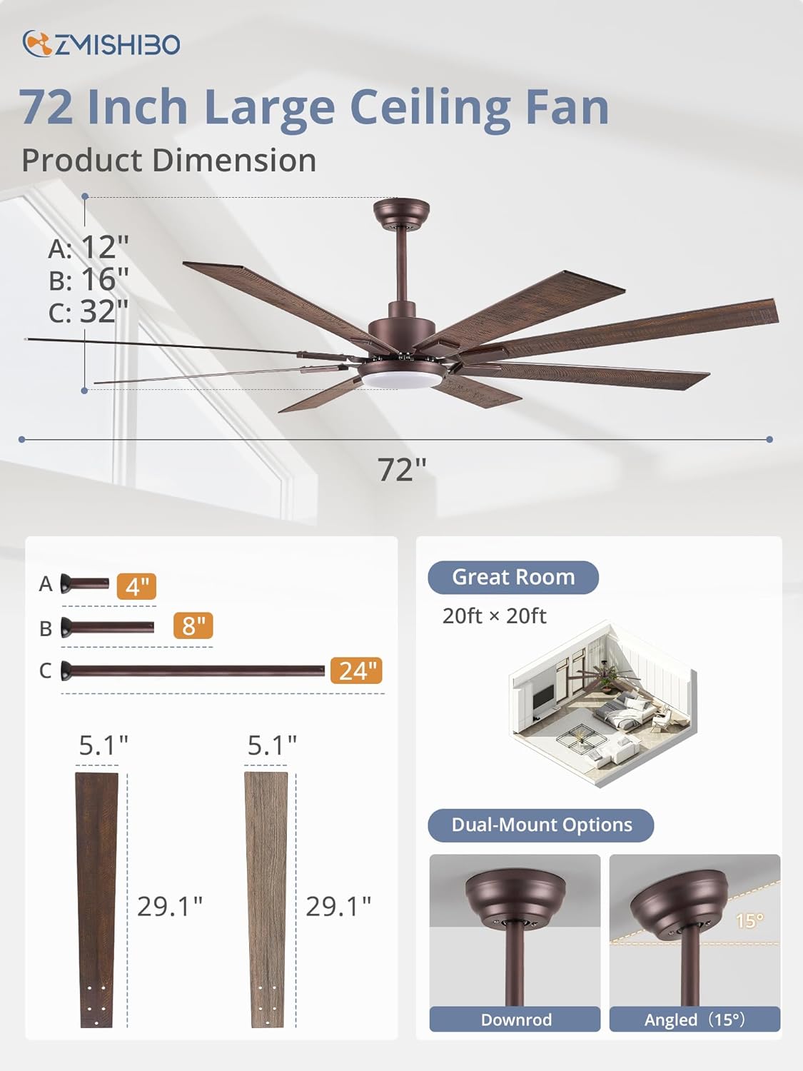 ZMISHIBO 72 inch Oil Rubbed Bronze Ceiling Fans with Lights and Remote, Indoor/Outdoor Farmhouse Ceiling Fan for Living Room Patio, 6 Speed Reversible Quiet DC Motor, 3CCT, Dual Finis