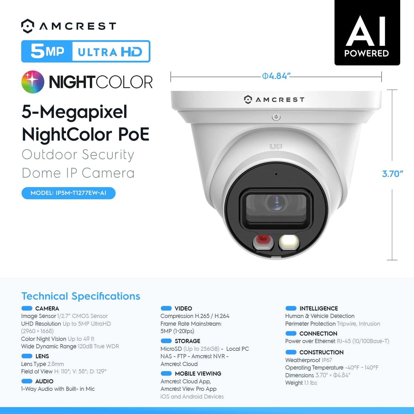 Amcrest 5MP IP PoE AI Camera w/ 49ft Color Night Vision, Security Outdoor Turret Camera, Built-in Mic, 1X 60ft Cat6E Cable, Active Deterrent, 129 FOV, 5MP@20fps IP5M-T1277EW1-CAT6E60FT1 (White)