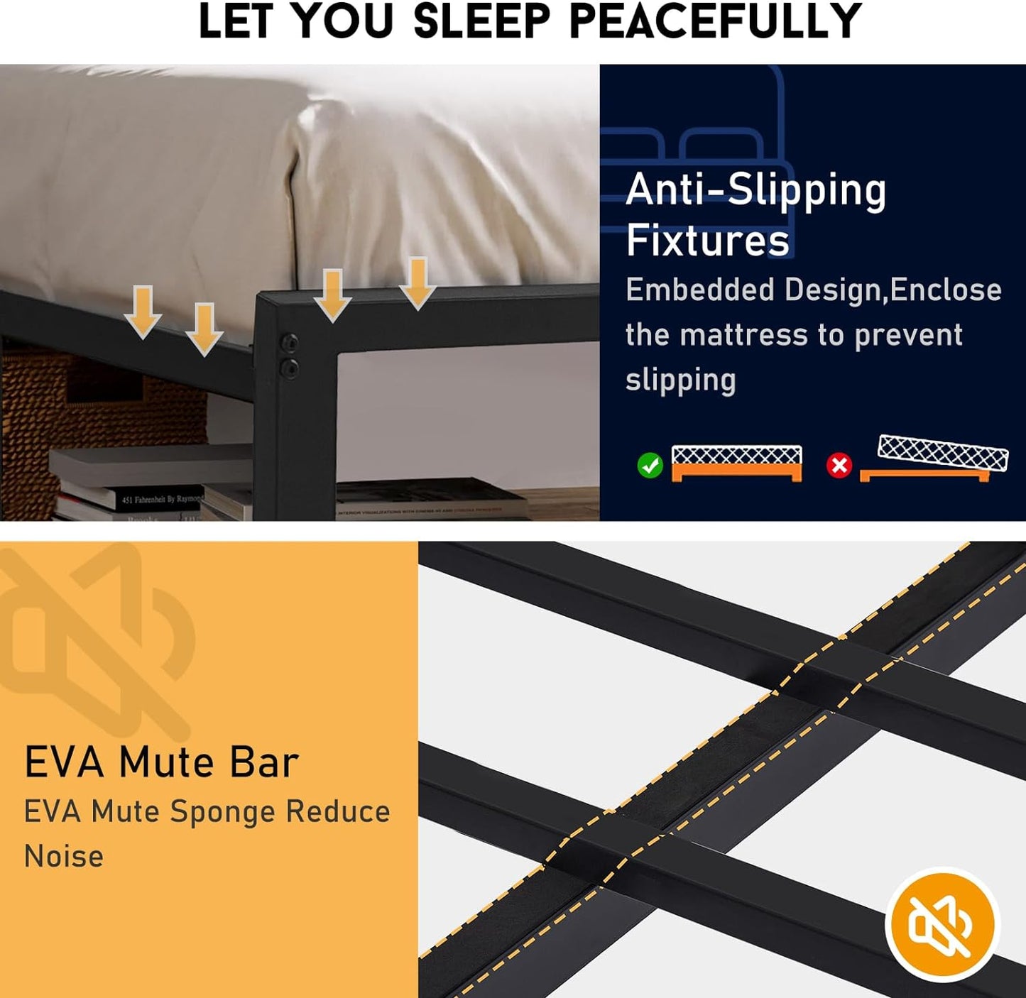 Anyhave Queen Bed Frame with RGBW Christmas LED Lights with Remote, Industrial Metal Platform Bed with Wood Headboard, Steel Slat Support/Large Under