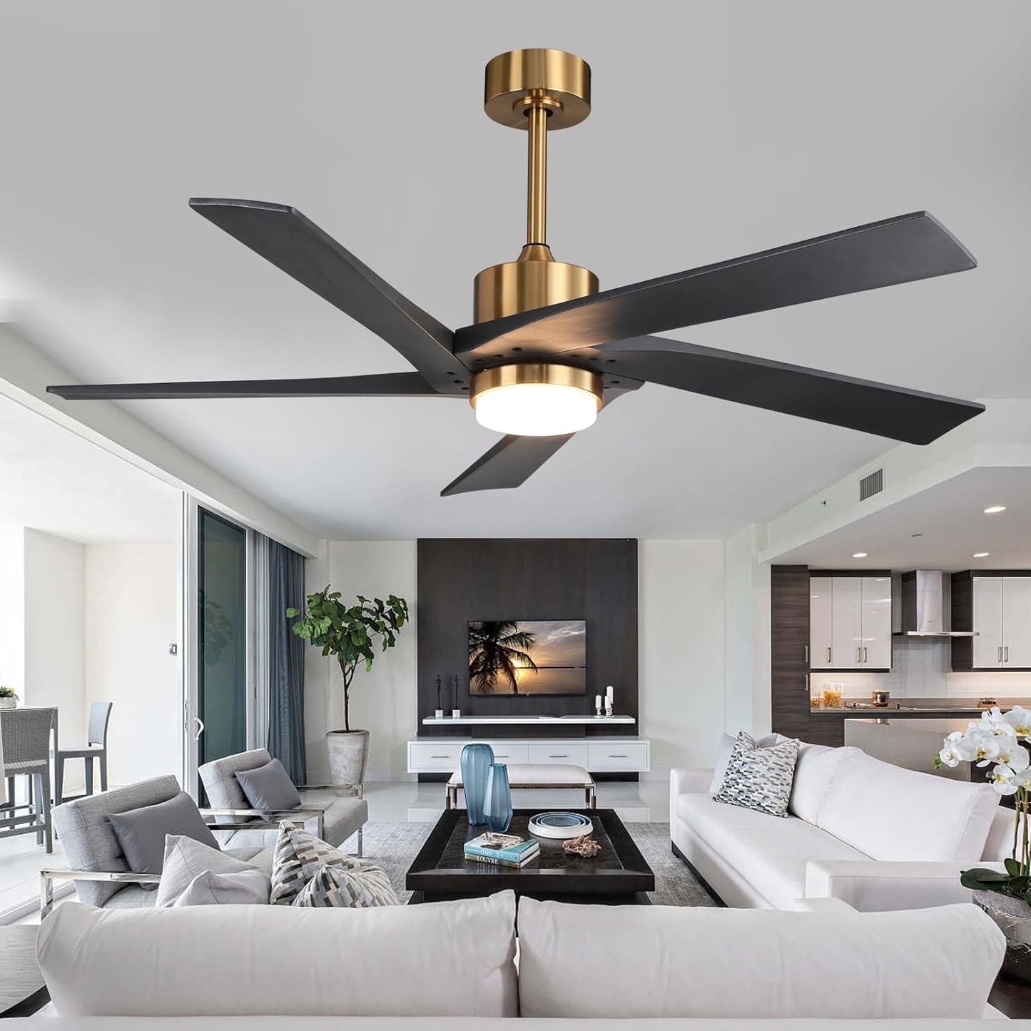 Ceiling Fans with Lights 54 Inch DC Ceiling Fan with Lights Remote Control 5 Reversible Carved Wood Blades Fandelier Ceiling Fan with Light 6-Speed Noiseless Ceiling Fan in Brass Finish with Blades