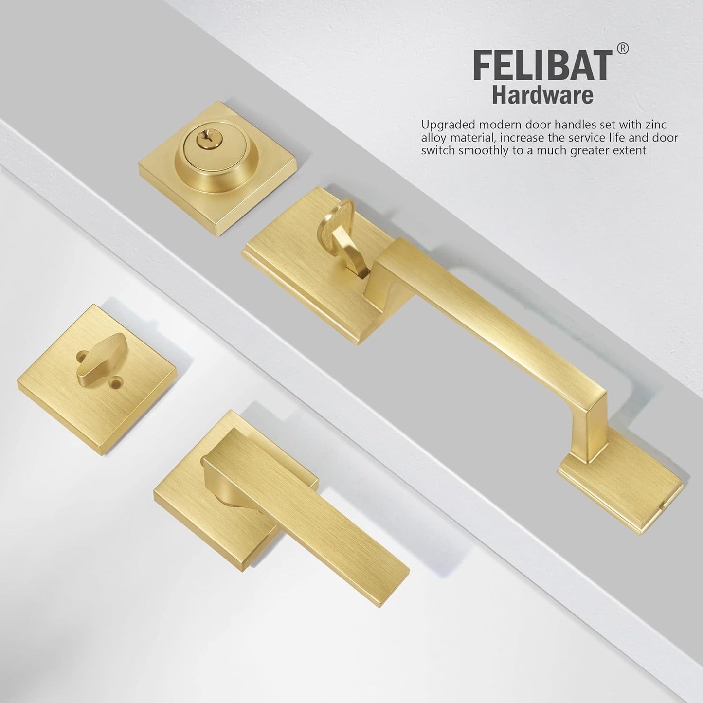 Felibat Front Door Handle,Satin Brass Front Door Lock Set with Single Cylinder Deadbolt and Door Lever,Entry Door Locksets (Satin Brass)