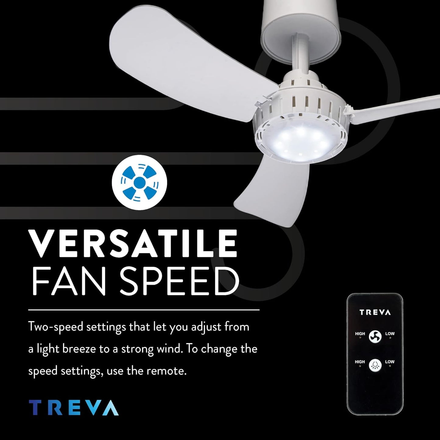 Treva Rechargeable Canopy Fan Easy to Assemble Portable Ceiling Fan For Your Outdoor Canopy Tent and Gazebo, Remote Control, 2 Speed Setting with LED Lighting No Tools Required.