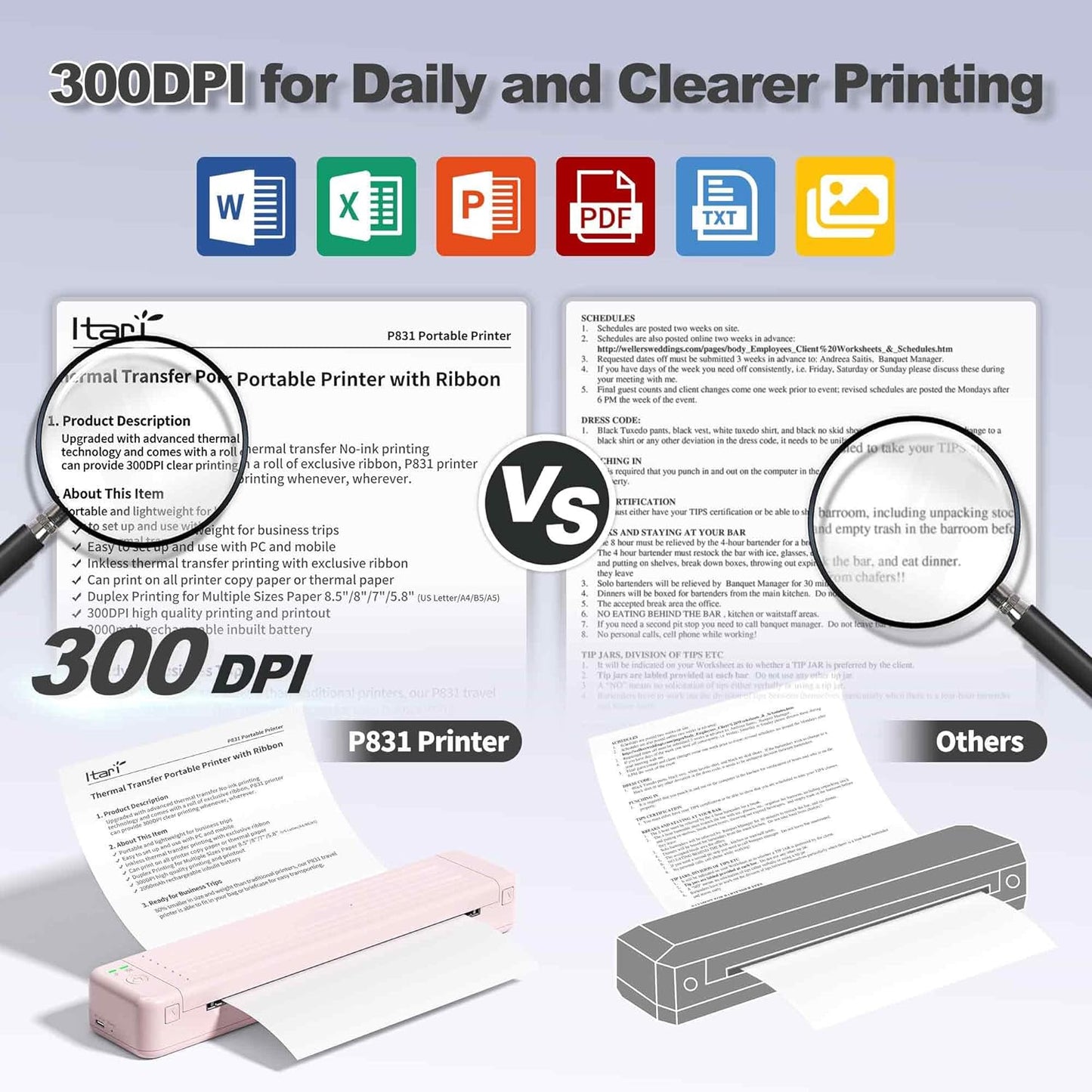 Itari Portable Printers Wireless for Travel, Inkless Thermal Transfer Printer Support Copy Paper 8.5 x 11 White & A4 Printer Paper, 3