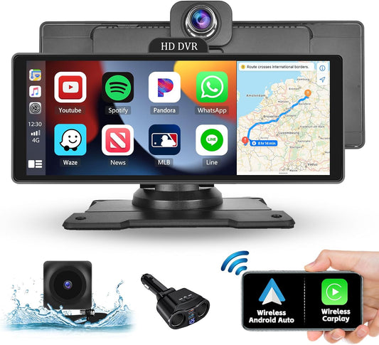 10.26 Inch Wireless Portable Car Stereo with 4K Dash Cam, HD Touchscreen Apple CarPlay Screen Wireless Android Auto, ADAS, GPS Track, Bluetooth Car Audio Receive