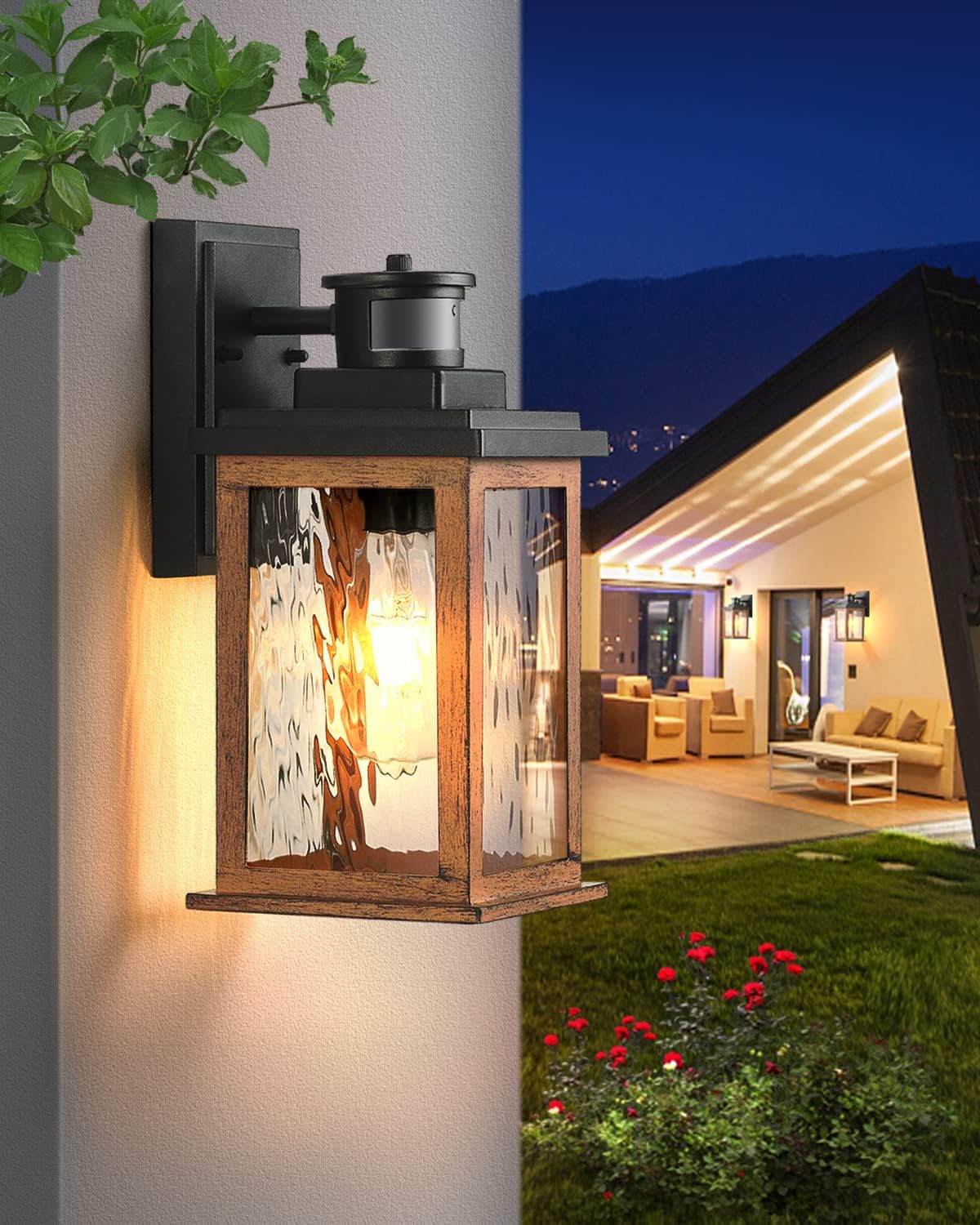 VIANIS Motion Sensor Outdoor Lights, Dusk to Dawn Outdoor Lighting for House, Wood Grain Garage Lights, Lantern Wall Mount, Waterproof Porch Sconce for Entryway, with Anti-Rust, Weather Resistant