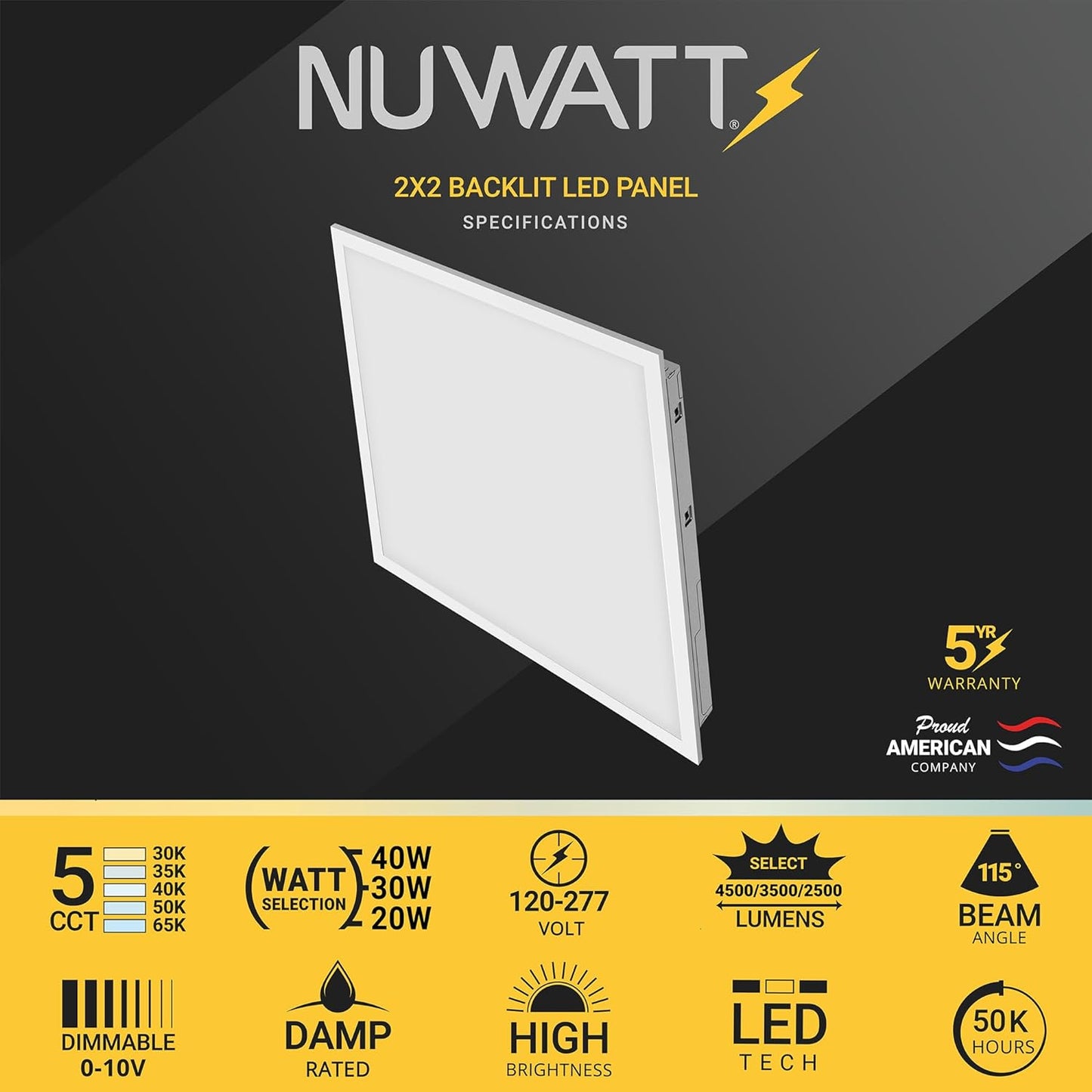 NUWATT 4 Pack 2x2 LED Drop Ceiling Flat Panel Troffer Light, Wattage & Color Selectable 40W/30W/20W, CCT 3000K/3500K/4000K/5000K/6500K, 4400LM, 0-10V