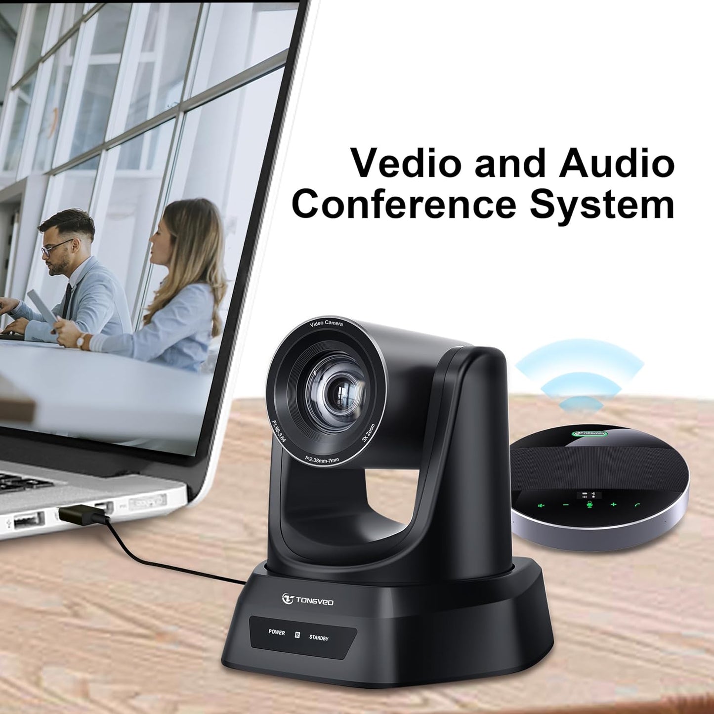 TONGVEO 3X Conference Room Camera System, 1080P 60FPS USB 3.0 3X Optical Zoom PTZ Camera and Wireless Bluetooth Speakerphone with Microphones, Works with Zoom, OBS, Skype, Teams and M