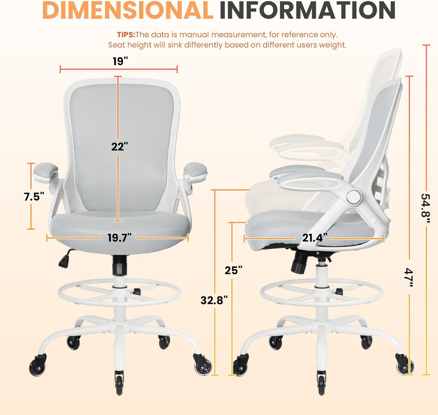 HYLONE Drafting Chair Tall Office Chair, High Ergonomic Standing Desk Computer Stools with Rubber Wheels, Flip-up Armrests, Adj