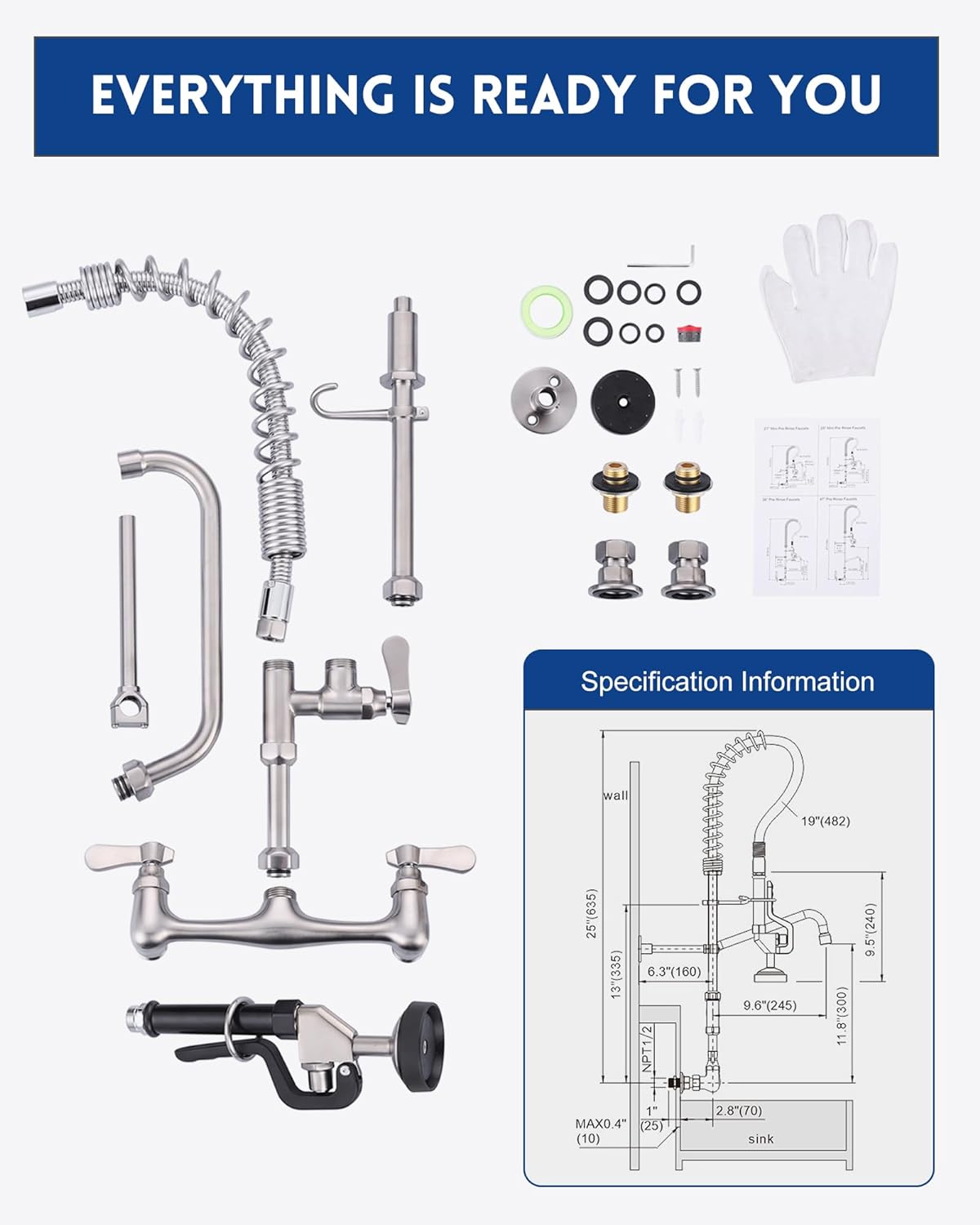 Brushed Nickel Commercial Kitchen Faucet with Pre-Rinse Sprayer 8 Inch Center Wall Mount Kitchen Sink Faucet with 9.6' Add-on Swing Spout 25' Height