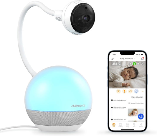 Chillax DM600 Baby Mood Lite - Smart Baby Monitor with HD Camera, Temperature Sensor - Sleep Monitor with Night Light, Soothing Sounds & Lullaby - Wi-Fi Remote Access, App-Compatible Device