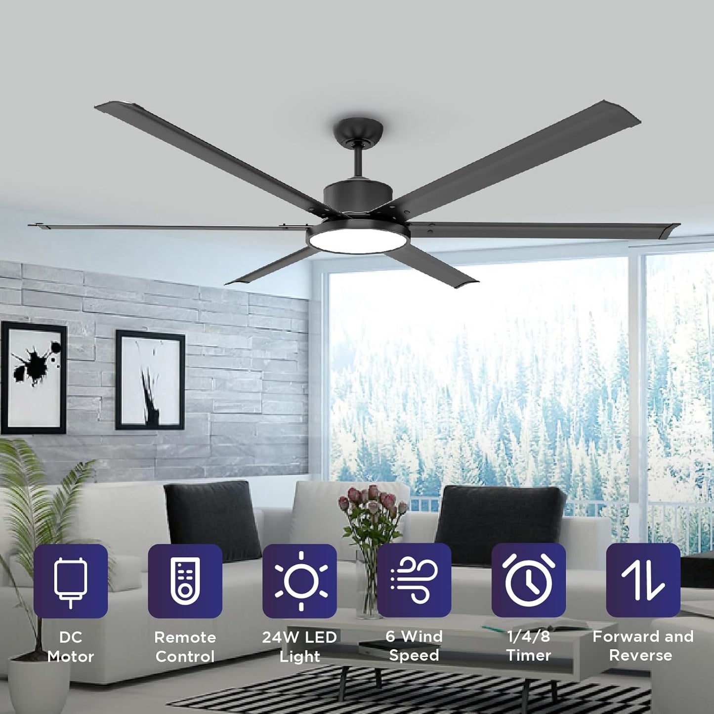 ocioc 72inch Ceiling Fans with Lights and Remote, Industrial DC Motor Metal Ceiling Fan for Living Room, Family Room, Farmhouse, Garage Indoor Covered Ourdoor Black
