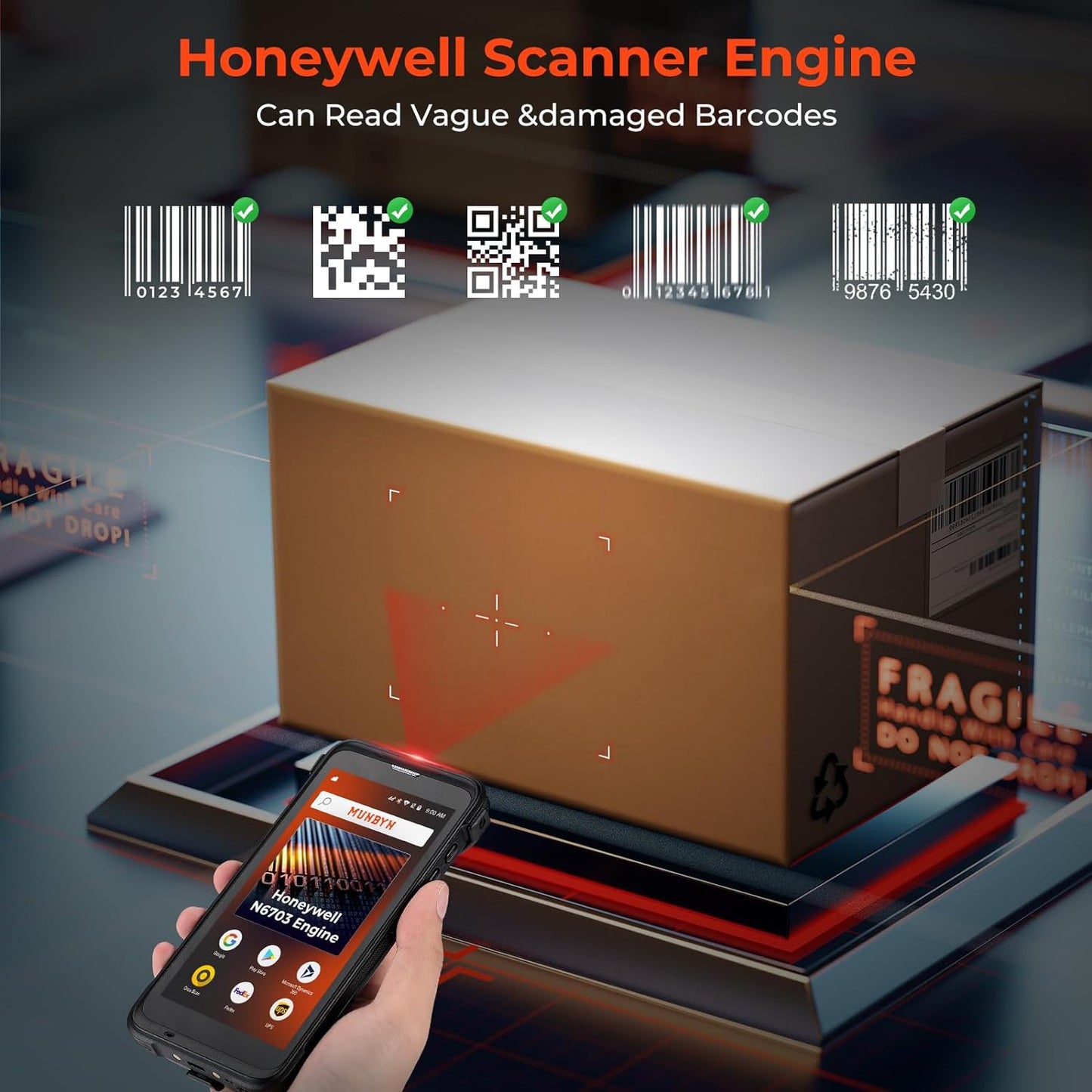 MUNBYN Android Barcode Scanner with Full Screen, Android 11 Honeywell Barcode Scanner N6703 Engine, 5.5' PDA, NFC Handheld Mobile Computer, Wi-Fi 6,