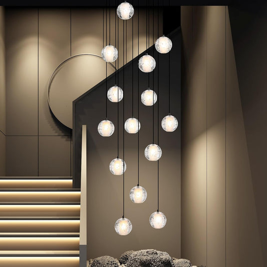 YIOSI Black chandelier-14-Lights Staircase Chandelier for Living Room Hight Ceiling Foyer Pendant Lighting Fixture Modern Crystal Chandelier Spiral Stairwell Lighting Round Base Light, Warm Light (Bl