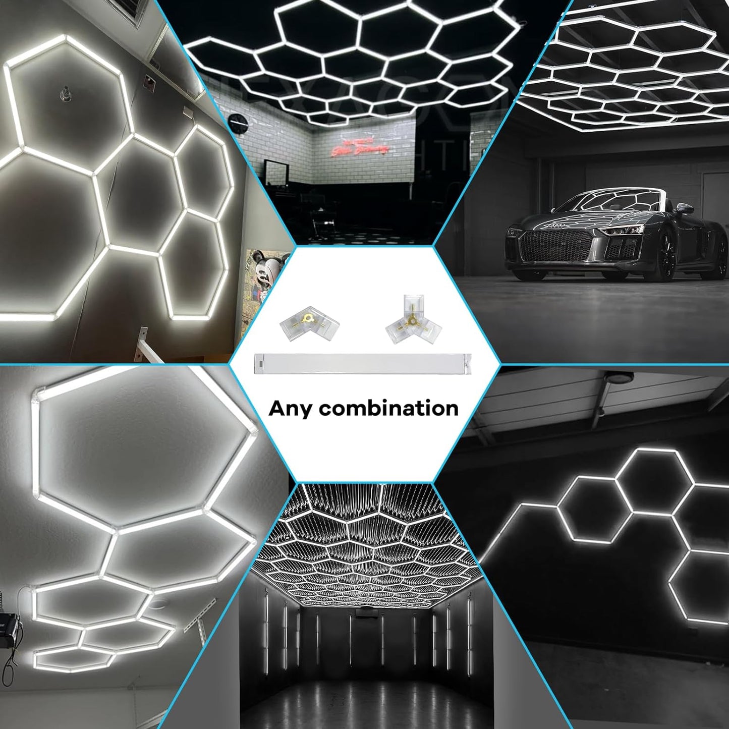 CDKMAX Hexagon LED Garage Light, Lightweight Super Bright 128W 18000LM 65000K Car Detailing Ceiling Lights,3 Honeycomb Grids Systems Hexagon LED Lights for Garage Gym Shopping Mall Workshop